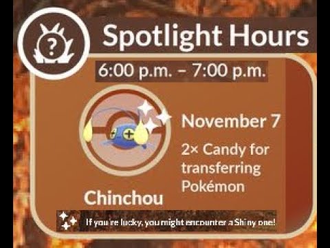 Pokemon GO News:Spotlight hour, Tuesday, November 7, 6PM-7PM Local time! #Spotlighthour #chinchou